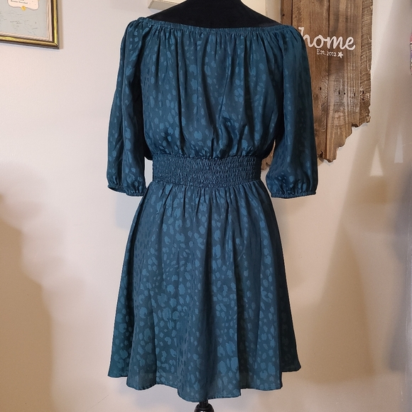 Sadie & Sage Blue Green Smocked Waist Balloon Sleeve AOP Satin Dress Womens M - Picture 2 of 9